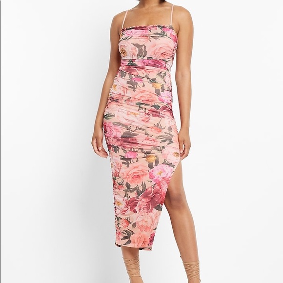 Express Dresses Express Body Contour Floral Print Ruched Mesh Midi